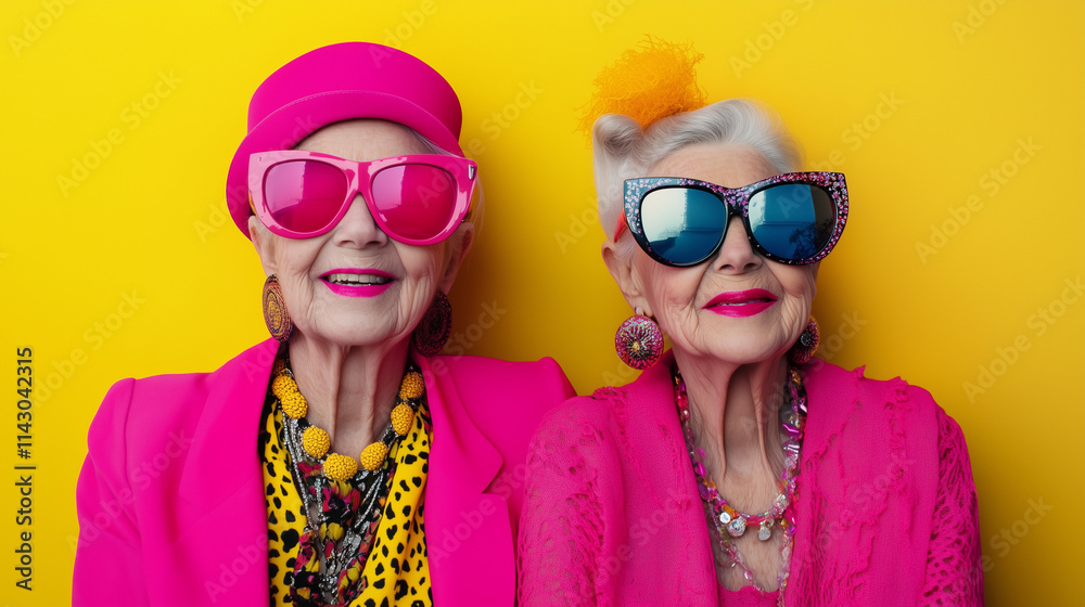 Stylish senior women in vibrant pink outfits and bold sunglasses posing joyfully against a bright yellow background Stylish senior women in vibrant pink outfits and bold sunglasses posing joyfully against a bright yellow background