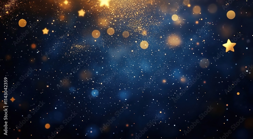 Fototapeta premium Abstract golden bokeh lights and stars on a dark blue background, with glitter particles in the air.