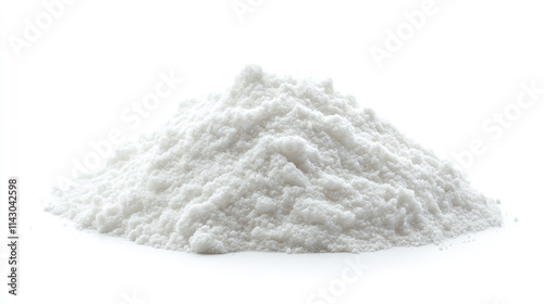 Heap or pile of white baking soda powder isolated on white background. sodium cooking food ingredient, culinary kitchen household carbonate or bicarbonate product, alkaline, recipe, neutralizer.
