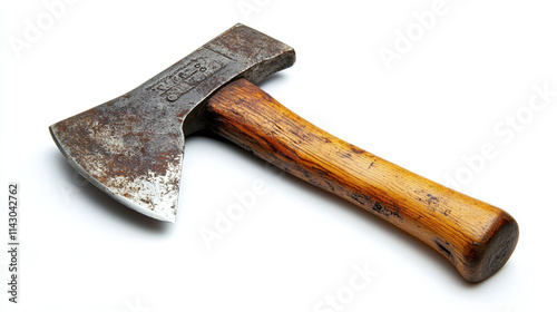 Iron steel metal axe with wooden handle isolated on white background. work equipment or tool object with blade, lumberjack industry job hatchet, woodcutter.