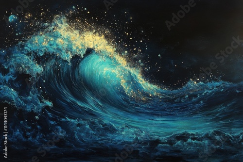 Ocean waves shimmer with radiant bioluminescent light in the stillness of night. This magical scene captures nature��s wonder and the mysteries hidden in the depths of the sea. photo