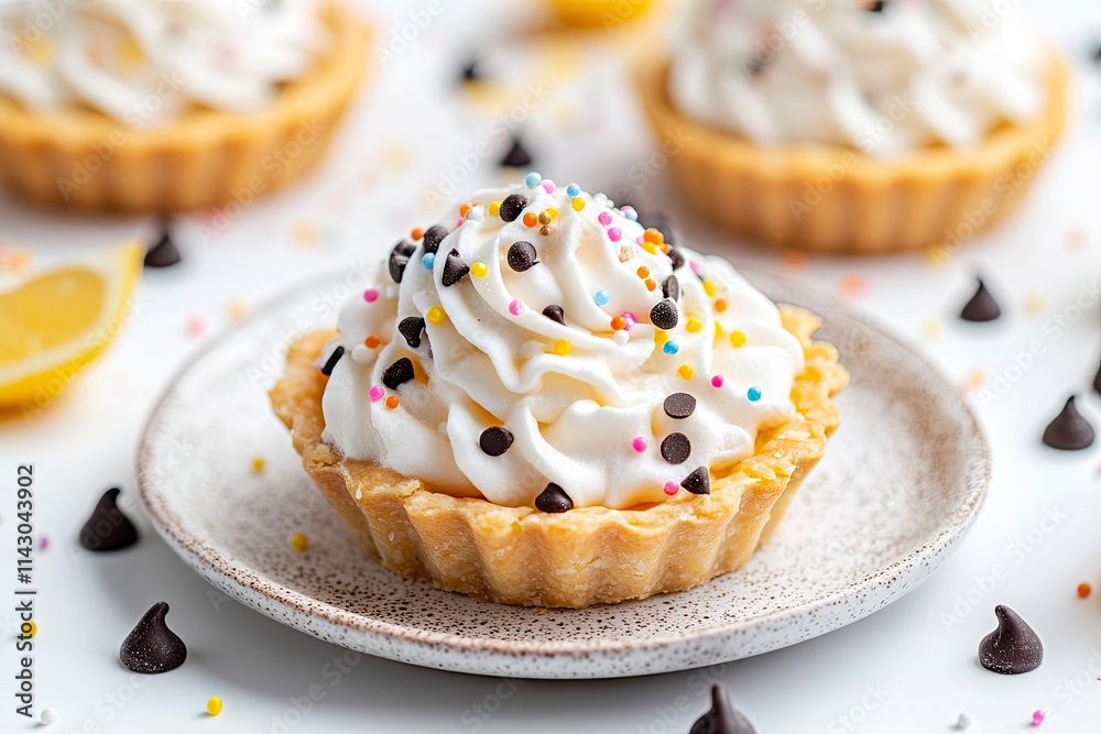 Lemon tartlets with whipped cream, sprinkles and chocolate chips on white background Lemon tartlets with whipped cream, sprinkles and chocolate chips on white background