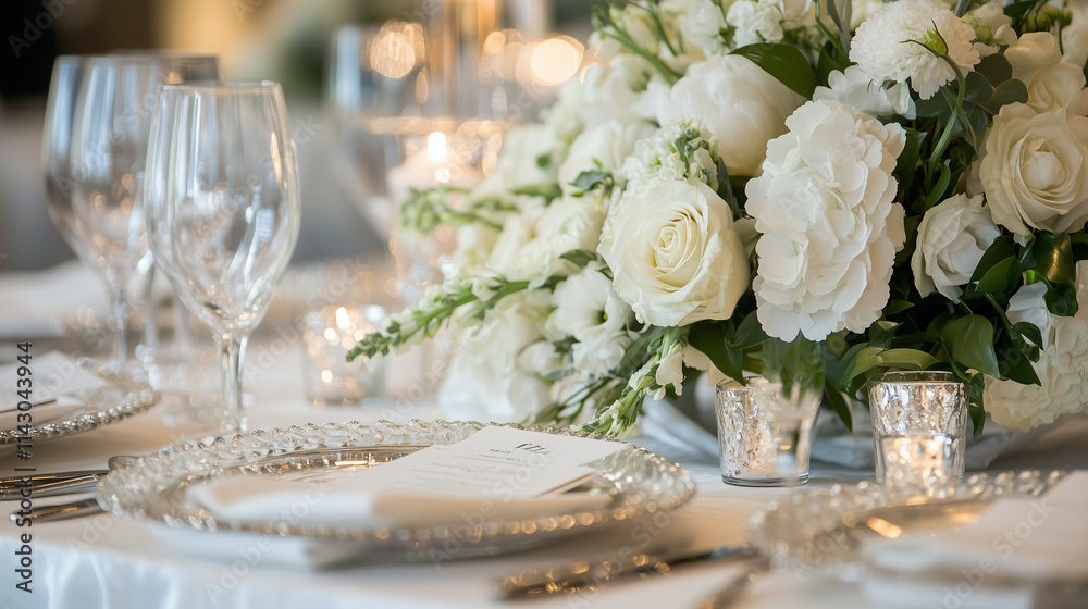 Elegant wedding table setting with white floral centerpiece, crystal glasses, and soft candlelight creating a luxurious ambiance