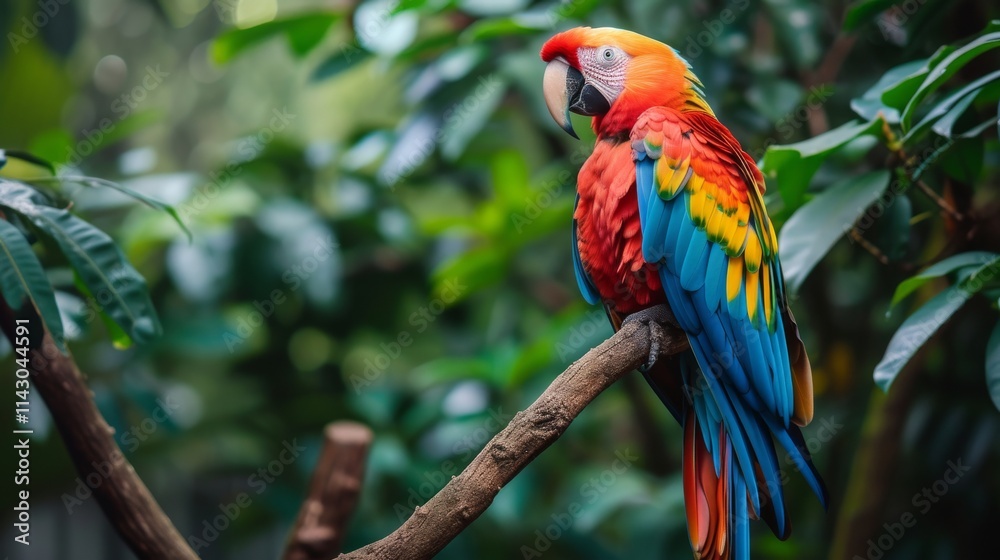 A stunning scarlet macaw with vibrant red, blue, and yellow feathers perched on a branch surrounded by lush green foliage, exuding exotic beauty. AI generated. A stunning scarlet macaw with vibrant red, blue, and yellow feathers perched on a branch surrounded by lush green foliage, exuding exotic beauty. AI generated.