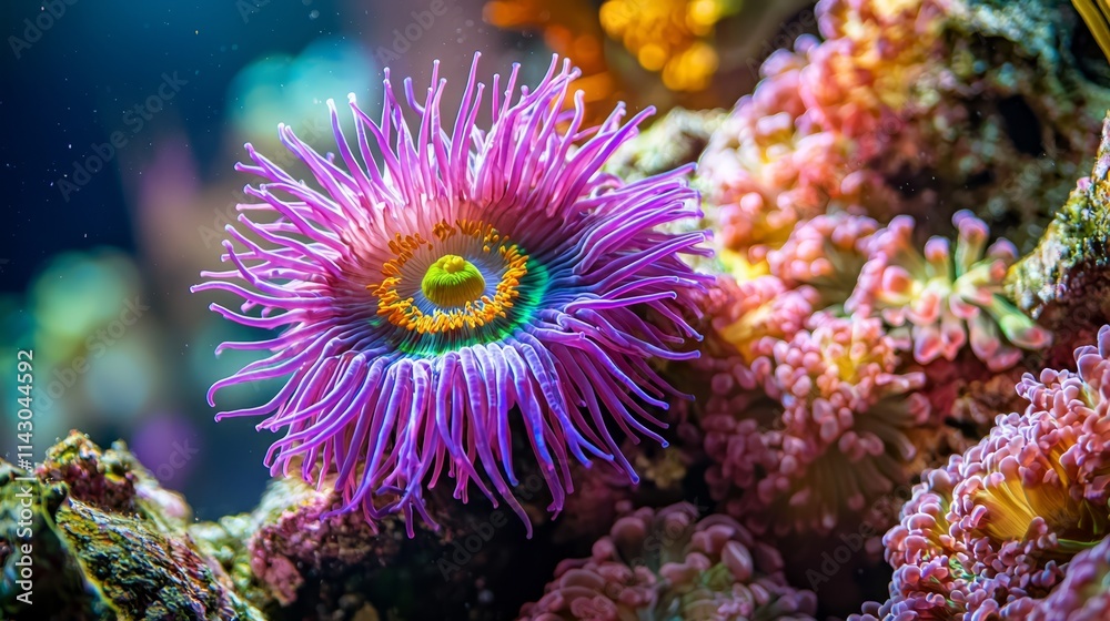 A purple sea anemone in an aquarium filled with colorful corals A purple sea anemone in an aquarium filled with colorful corals