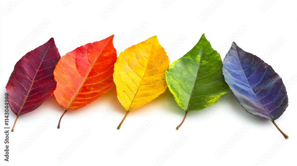 Fototapeta premium A row of colorful leaves on a white background