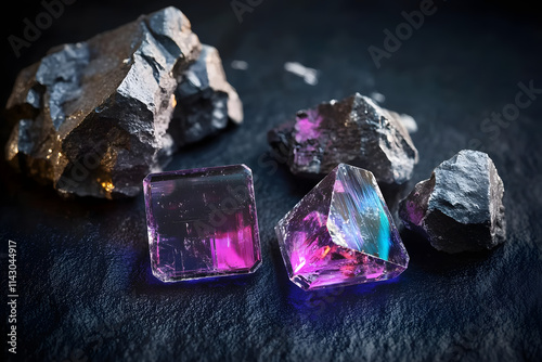 Raw lithium samples on a dark surface, highlighting the future of sustainable energy sources photo