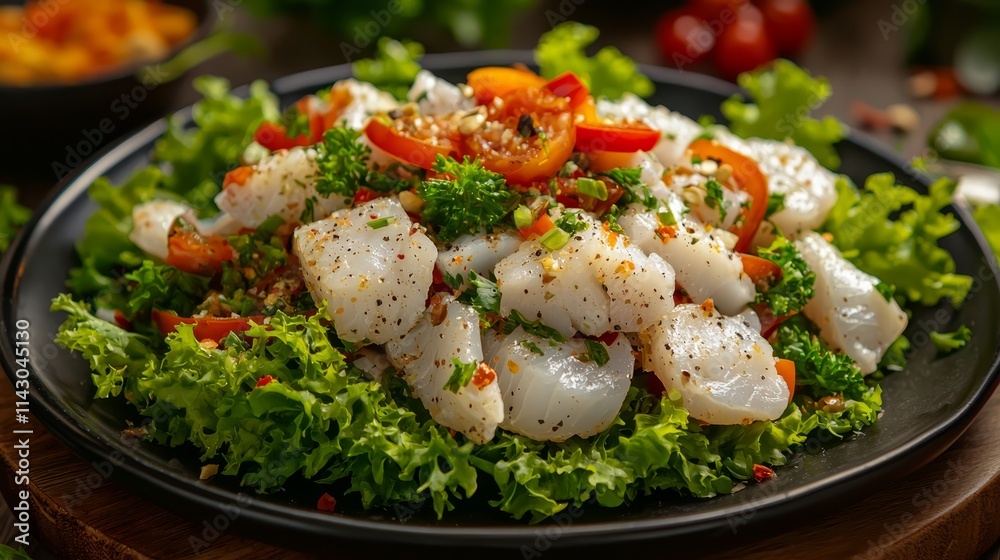 A plate of salad with scallops and tomatoes on a wooden table A plate of salad with scallops and tomatoes on a wooden table