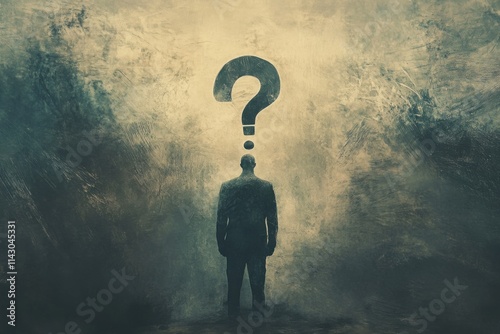 A man with a question mark head in a dark room highlights existential struggles, symbolizing deeper introspection and self-understanding.