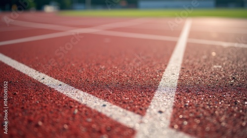 A close-up of a running track with vibrant lane markings and textured surface, showcasing the details of the track and the excitement of athletic competition. photo