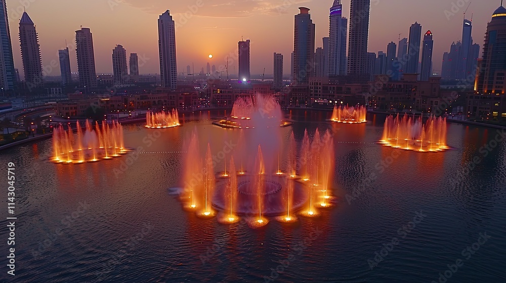 Fototapeta premium A vibrant fountain display illuminated at sunset, surrounded by skyscrapers.