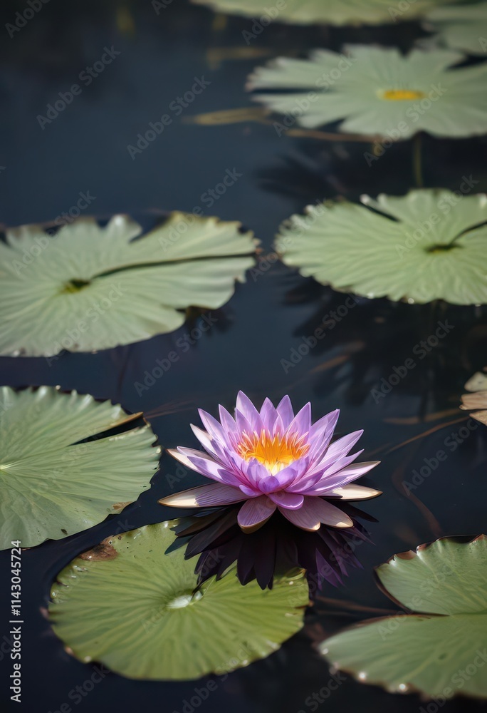 Single purple water lily pad, tranquil water setting, close-up, flora, waterlily Single purple water lily pad, tranquil water setting, close-up, flora, waterlily