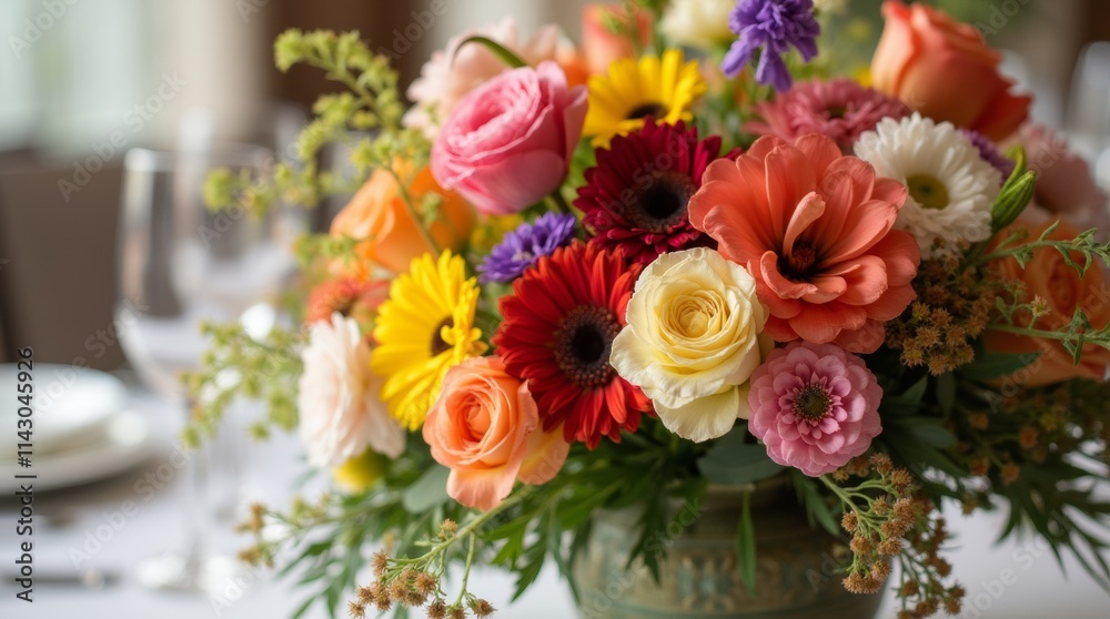 A close-up of a vibrant floral centerpiece featuring a mix of colorful blooms such as roses, lilies, and daisies, elegantly arranged in a decorative vase, perfect for a wedding table setting. A close-up of a vibrant floral centerpiece featuring a mix of colorful blooms such as roses, lilies, and daisies, elegantly arranged in a decorative vase, perfect for a wedding table setting.