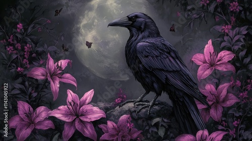 A majestic black raven perches amidst a mystical garden, bathed in the soft glow of a full moon.  Purple lilies and delicate butterflies surround it, creating an enchanting scene.