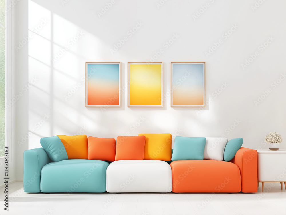 New sofa in soft pastel colors combined with paintings on wall New sofa in soft pastel colors combined with paintings on wall