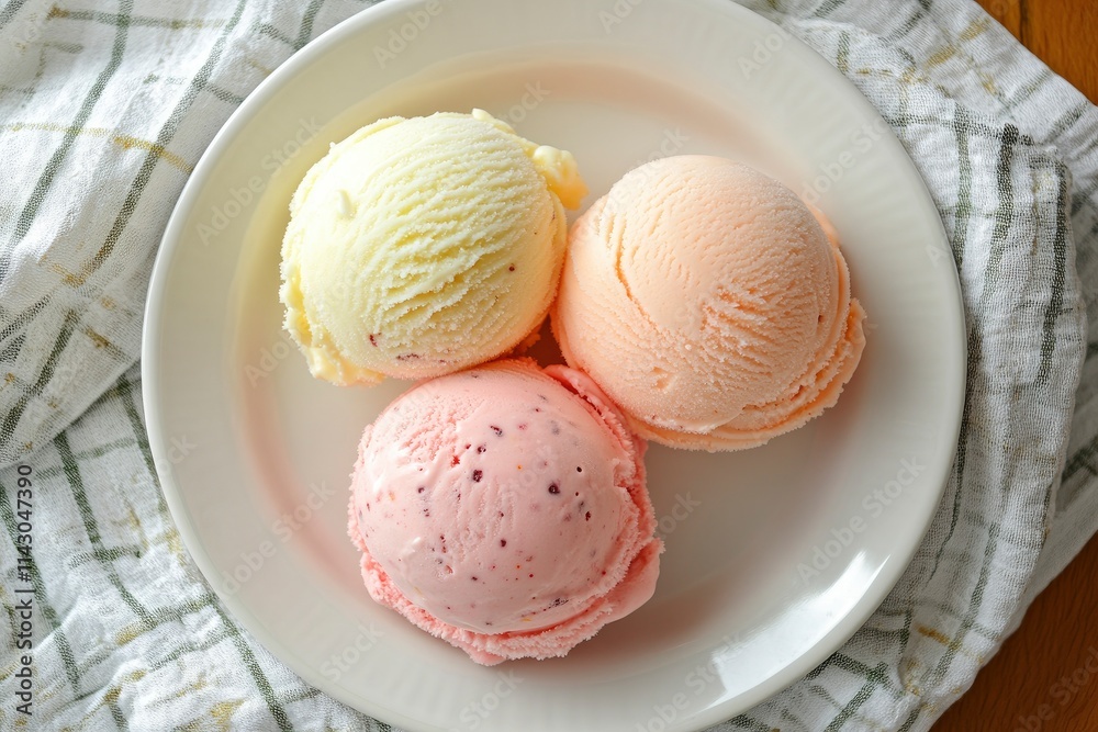 Pastel colored ice cream scoops on white plate, top view. Pastel colored ice cream scoops on white plate, top view.