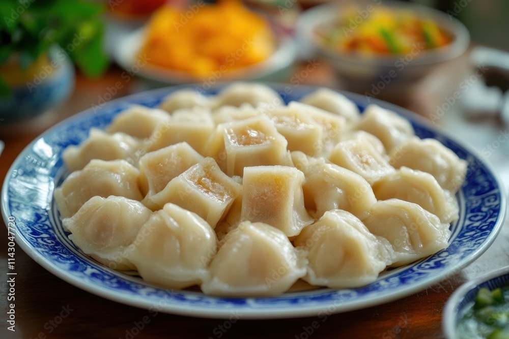 Celebrating Chinese New Year with a traditional plate of dumplings in a vibrant setting Celebrating Chinese New Year with a traditional plate of dumplings in a vibrant setting
