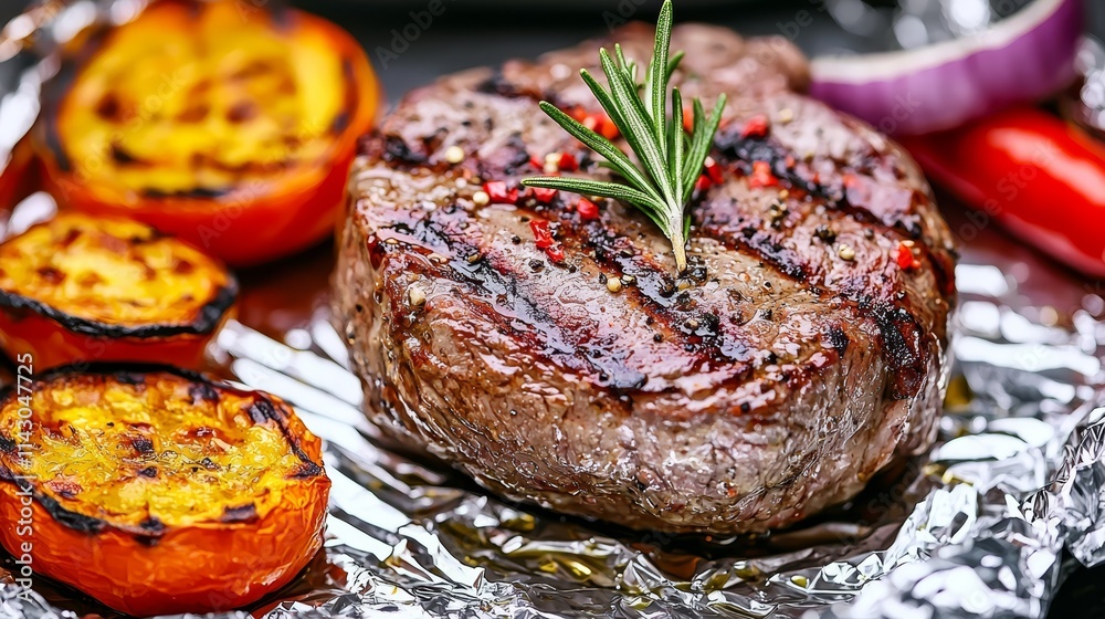 A steak with a sprig of rosemary on top of it A steak with a sprig of rosemary on top of it