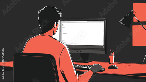 A flat vector illustration | A person sitting at the desk doing all the office work with a laptop. And he is thinking about digital marketing.  Art & Illustration