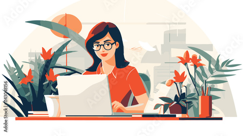 A flat vector illustration | A person sitting at the desk doing all the office work with a laptop. And he is thinking about digital marketing.  Art & Illustration