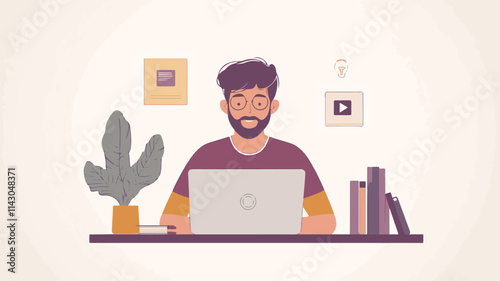 A flat vector illustration | A person sitting at the desk doing all the office work with a laptop. And he is thinking about digital marketing. Art & Illustration