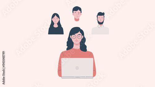 A flat vector illustration | A person sitting at the desk doing all the office work with a laptop. And he is thinking about digital marketing.  Art & Illustration