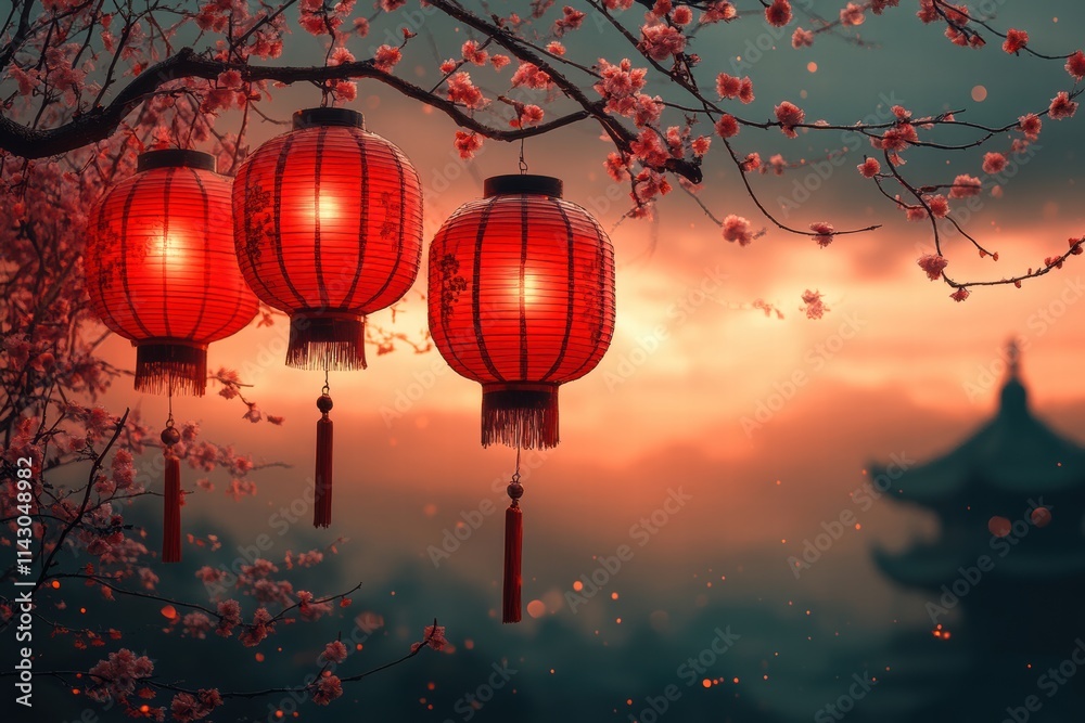 Beautiful red lanterns decorate a tree for Chinese New Year celebration at sunset Beautiful red lanterns decorate a tree for Chinese New Year celebration at sunset