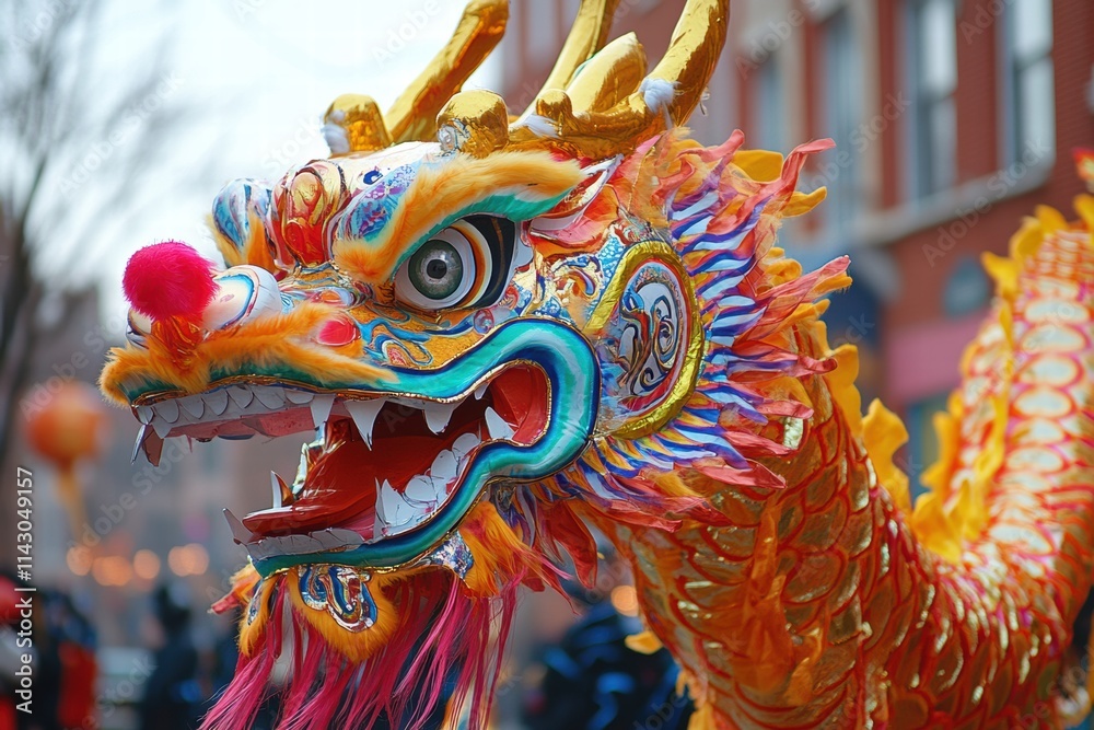 Colorful dragon sculpture representing Chinese New Year festivities in an urban setting Colorful dragon sculpture representing Chinese New Year festivities in an urban setting