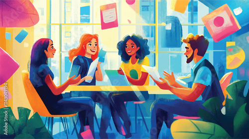 A flat vector illustration | A person sitting at the desk doing all the office work with a laptop. And he is thinking about digital marketing.  Art & Illustration