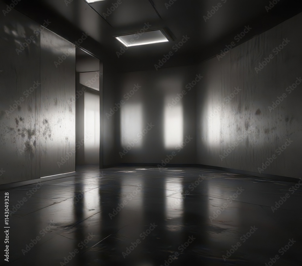Obscured room, reflective surfaces, deep shadows, harsh lighting, abstract, steel, obstructed Obscured room, reflective surfaces, deep shadows, harsh lighting, abstract, steel, obstructed