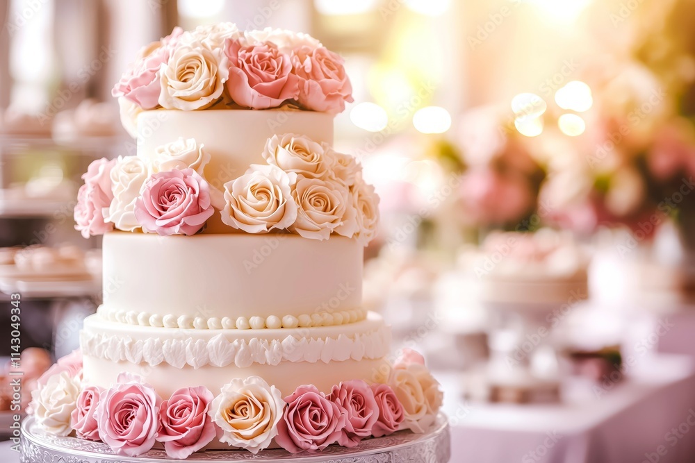 Elegant wedding cake with pink and white rose decorations in soft romantic lighting perfect for wedding design invitation or celebration print with intricate details and delicate pastel tones Elegant wedding cake with pink and white rose decorations in soft romantic lighting perfect for wedding design invitation or celebration print with intricate details and delicate pastel tones