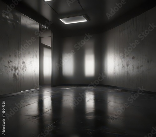 Obscured room, reflective surfaces, deep shadows, harsh lighting, abstract, steel, obstructed