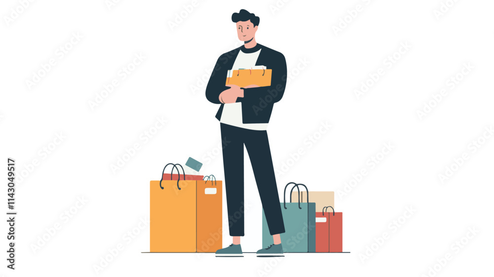 A flat vector illustration | A person sitting at the desk doing all the office work with a laptop. And he is thinking about digital marketing.  Art & Illustration