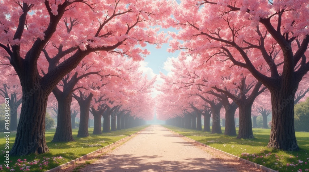 A photorealistic image of a park filled with blossoming tree branches, creating a canopy of flowers overhead, highlighting the enchanting atmosphere of a spring day. A photorealistic image of a park filled with blossoming tree branches, creating a canopy of flowers overhead, highlighting the enchanting atmosphere of a spring day.