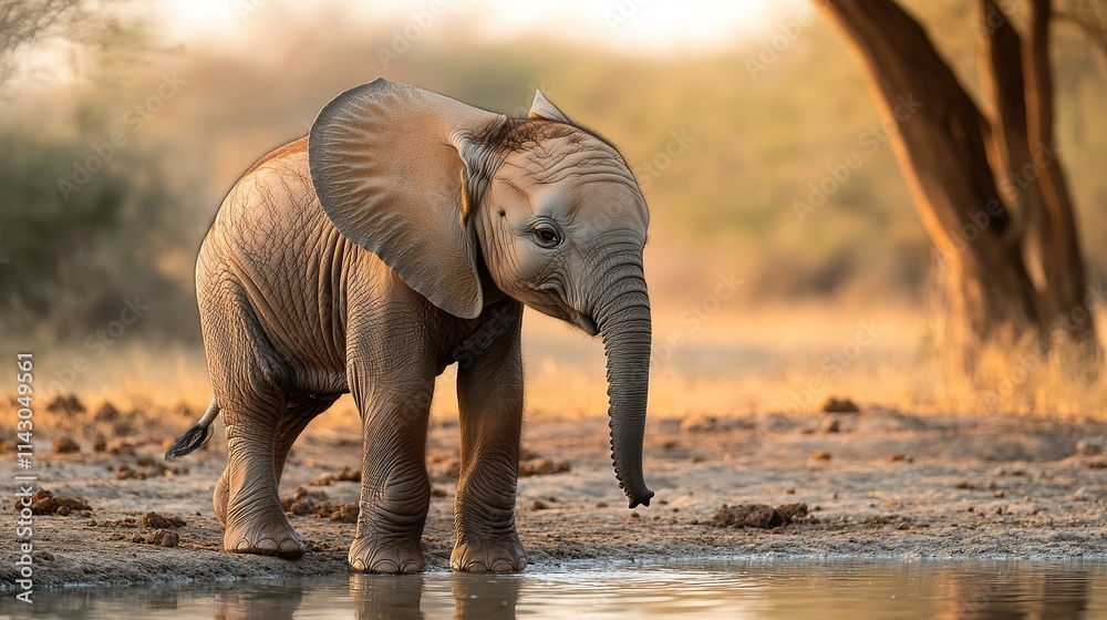 Fototapeta premium Baby elephant by water at golden hour