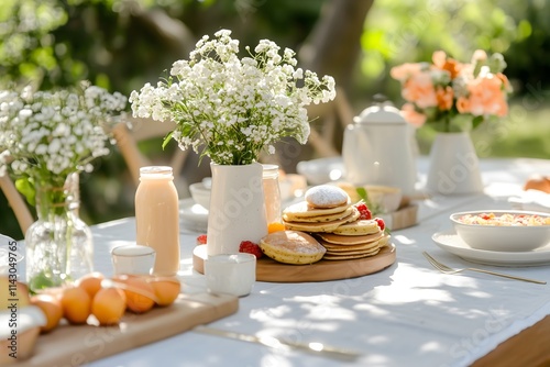 Spring brunch table setting with citrus and white flowers, elegant entertaining concept for Easter celebrations and seasonal gatherings. for lifestyle content, event planning, home decor inspiration.  photo