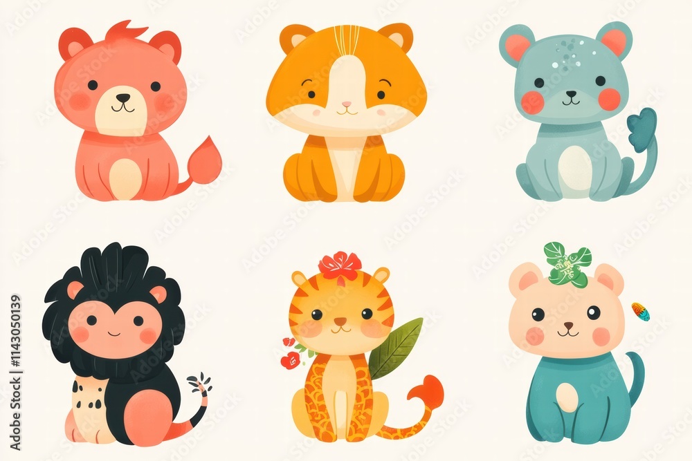Cute cartoon animals celebrating the Chinese New Year with festive decorations and vibrant colors Cute cartoon animals celebrating the Chinese New Year with festive decorations and vibrant colors