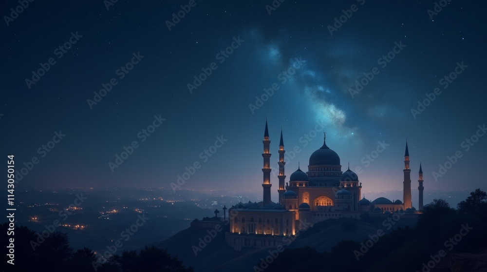 Fototapeta premium A photorealistic image of a serene night sky filled with stars above a mosque during the Night of Bara'at, highlighting the peacefulness and spiritual significance of the occasion.