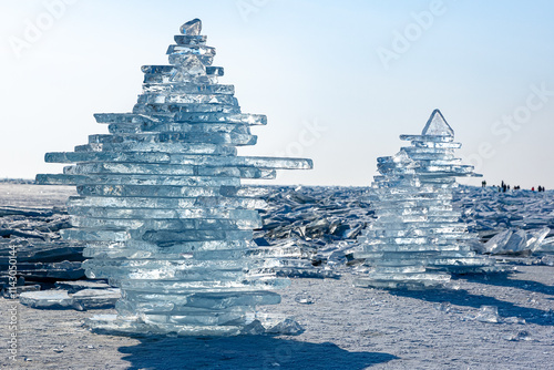 Blocks of ice. Ice hummocks. Ice pyramid photo