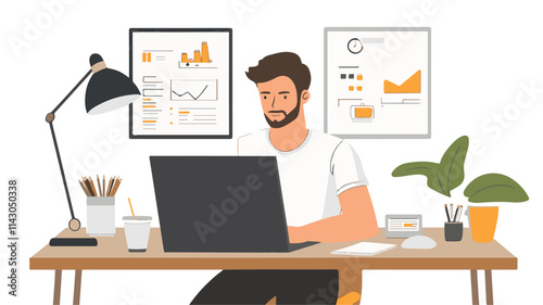 A flat vector illustration | A person sitting at the desk doing all the office work with a laptop. And he is thinking about digital marketing.  Art & Illustration
