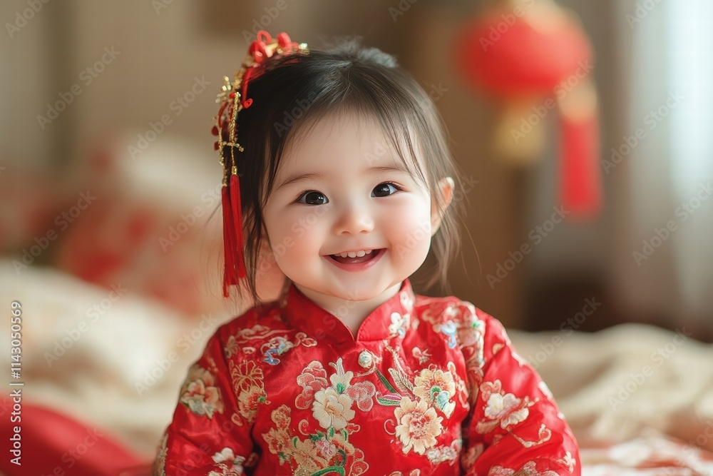 Joyful child in traditional red outfit celebrating Chinese New Year with bright smile Joyful child in traditional red outfit celebrating Chinese New Year with bright smile