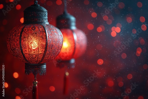 Illuminated red lanterns create a festive atmosphere for Chinese New Year celebrations photo