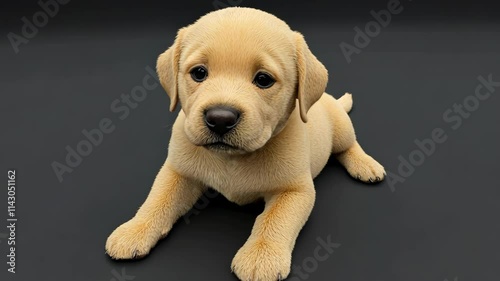 Cute yellow lab puppy resting on a dark background, showcasing soft fur and curious expression