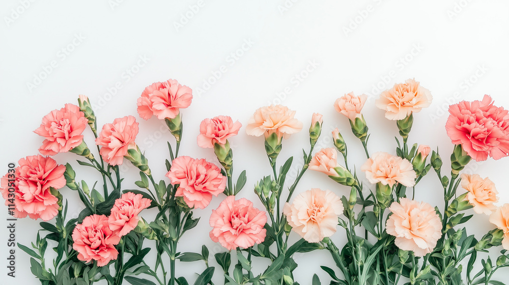 Pink and peach carnations with lush green foliage against a white background creating a fresh floral composition