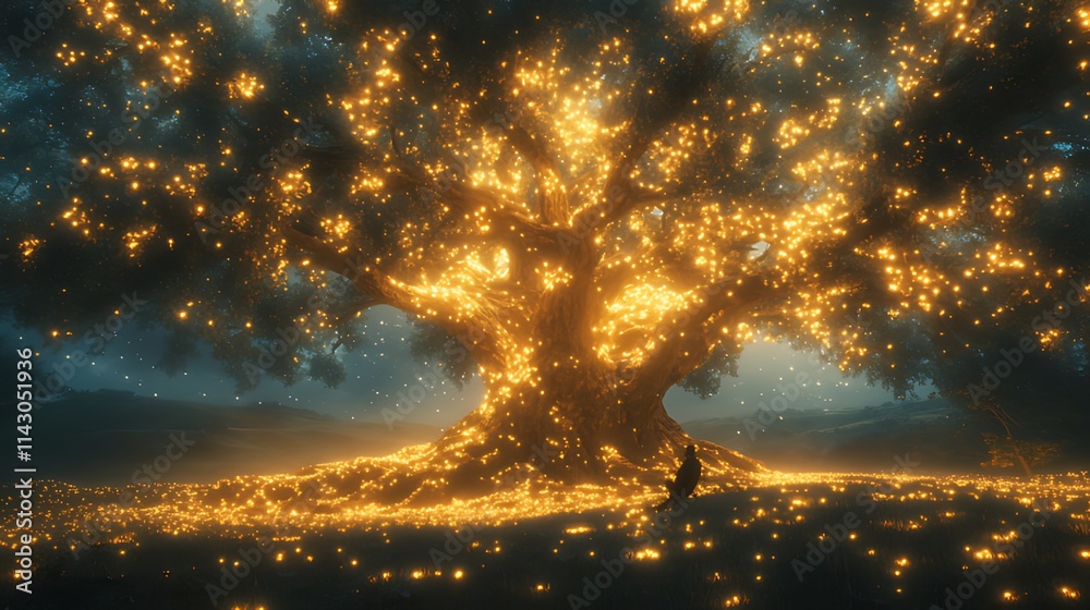 Fototapeta premium Glowing tree at night with a small figure sitting beneath it.