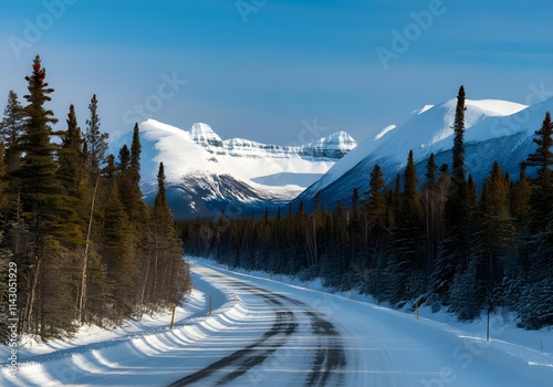 northern canada, snow covered road, forest