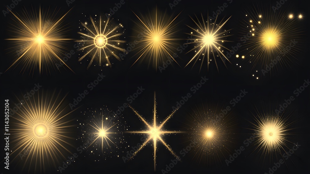 Golden glowing light effects with solar flare beams and sparkling highlights, creating a radiant starburst Golden glowing light effects with solar flare beams and sparkling highlights, creating a radiant starburst