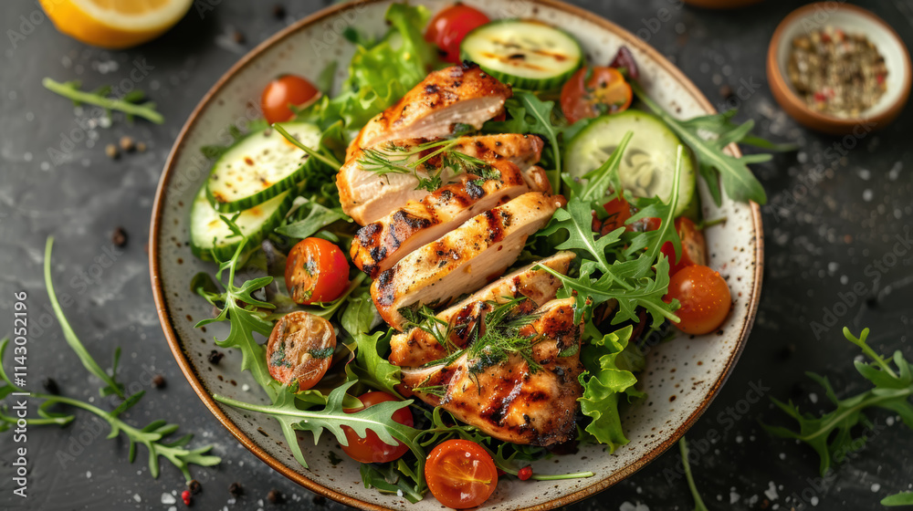 Delicious grilled chicken breast salad with fresh arugula, lettuce, cherry tomatoes, cucumber and herbs Delicious grilled chicken breast salad with fresh arugula, lettuce, cherry tomatoes, cucumber and herbs