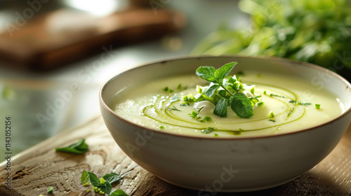 Cold cucumber mint vichyssoise soup is garnished with fresh mint and olive oil in a bowl photo