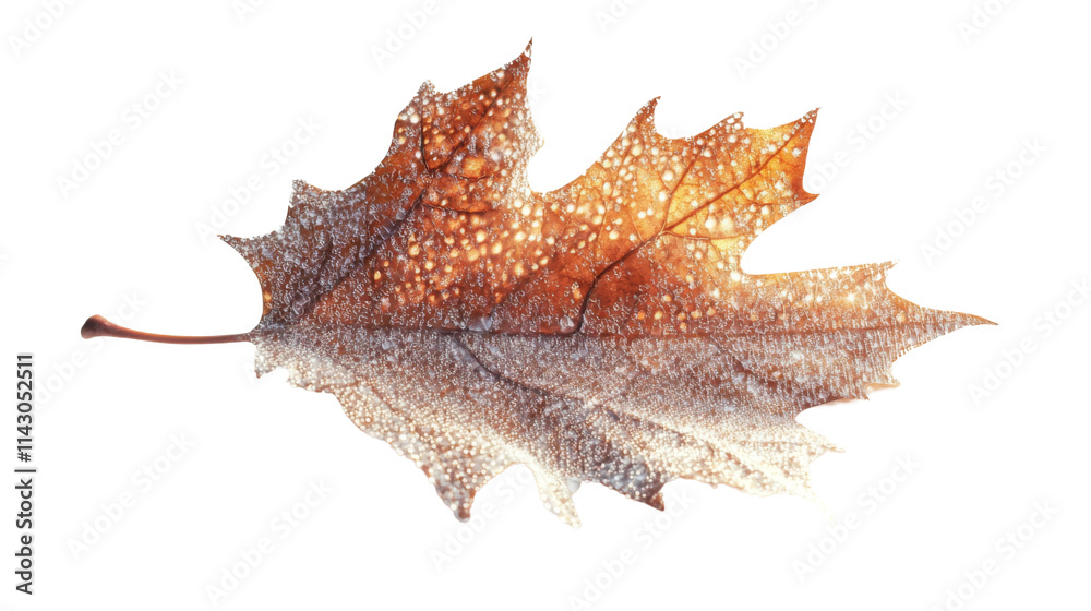 Naklejka premium Autumn leaf covered in dew, transparent background